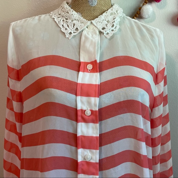 LC Lace Peterpan Collar Horizontal Coral Stripe Button Long sleeve XL Blouse - Picture 2 of 9